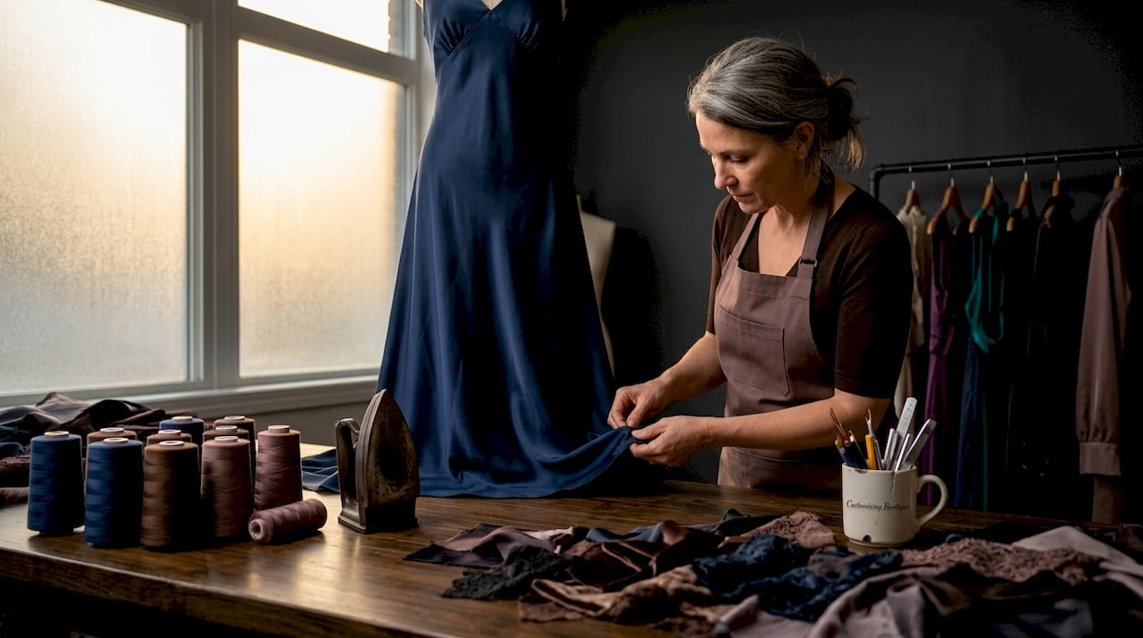 Seamstress pinning custom silk gown in studio