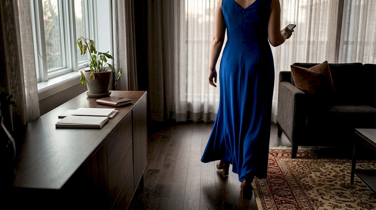 Woman walking in custom evening gown at home