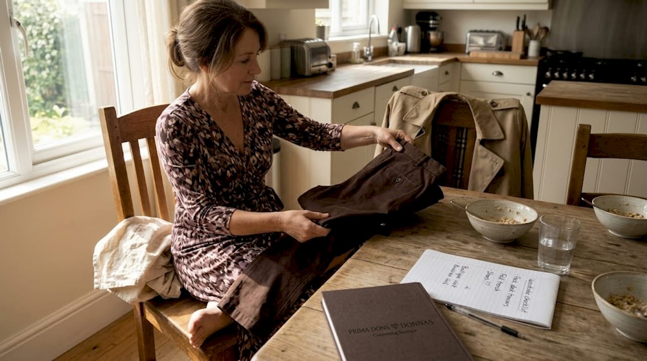 Woman sorts trousers and trench coat in kitchen