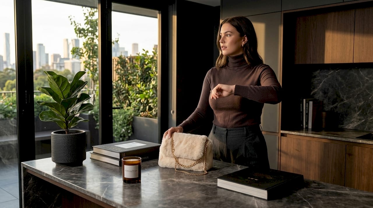 Woman placing faux fur bag in home office