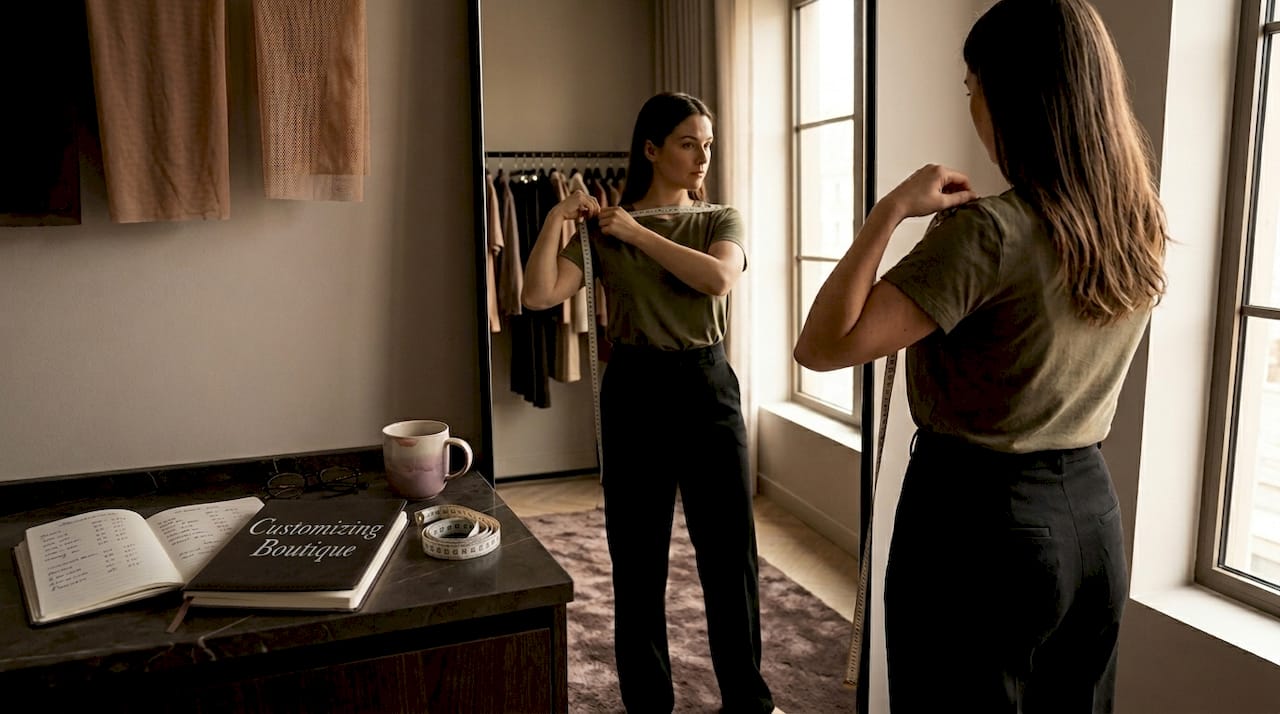 Woman measuring shoulder width in bedroom