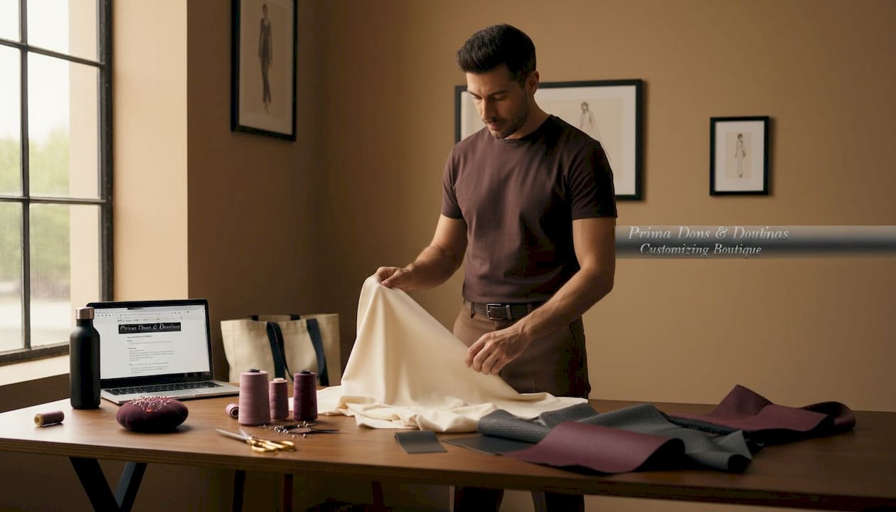 Designer selecting sustainable fabric for custom clothing