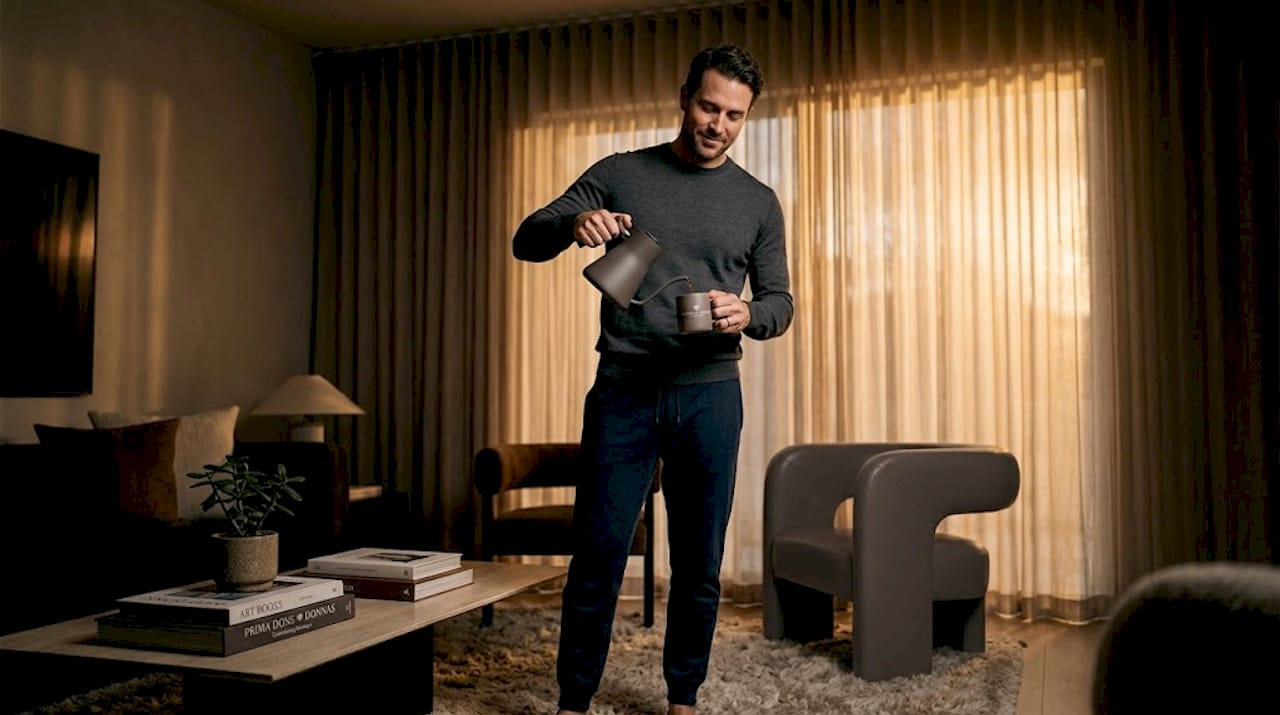 Man in fitted pullover pours morning coffee