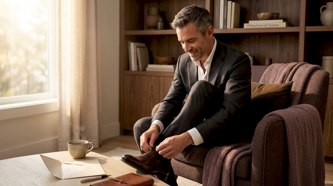 Man in comfortable occasionwear lacing shoes