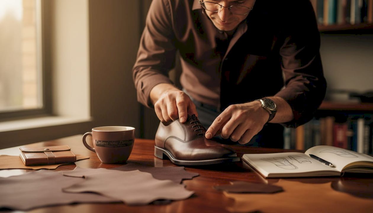 Man inspects stitching on custom shoes