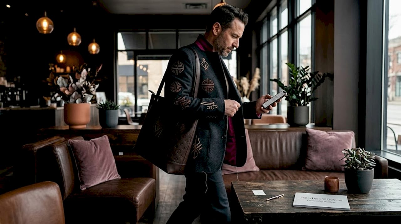 Man wears custom jacket in office setting