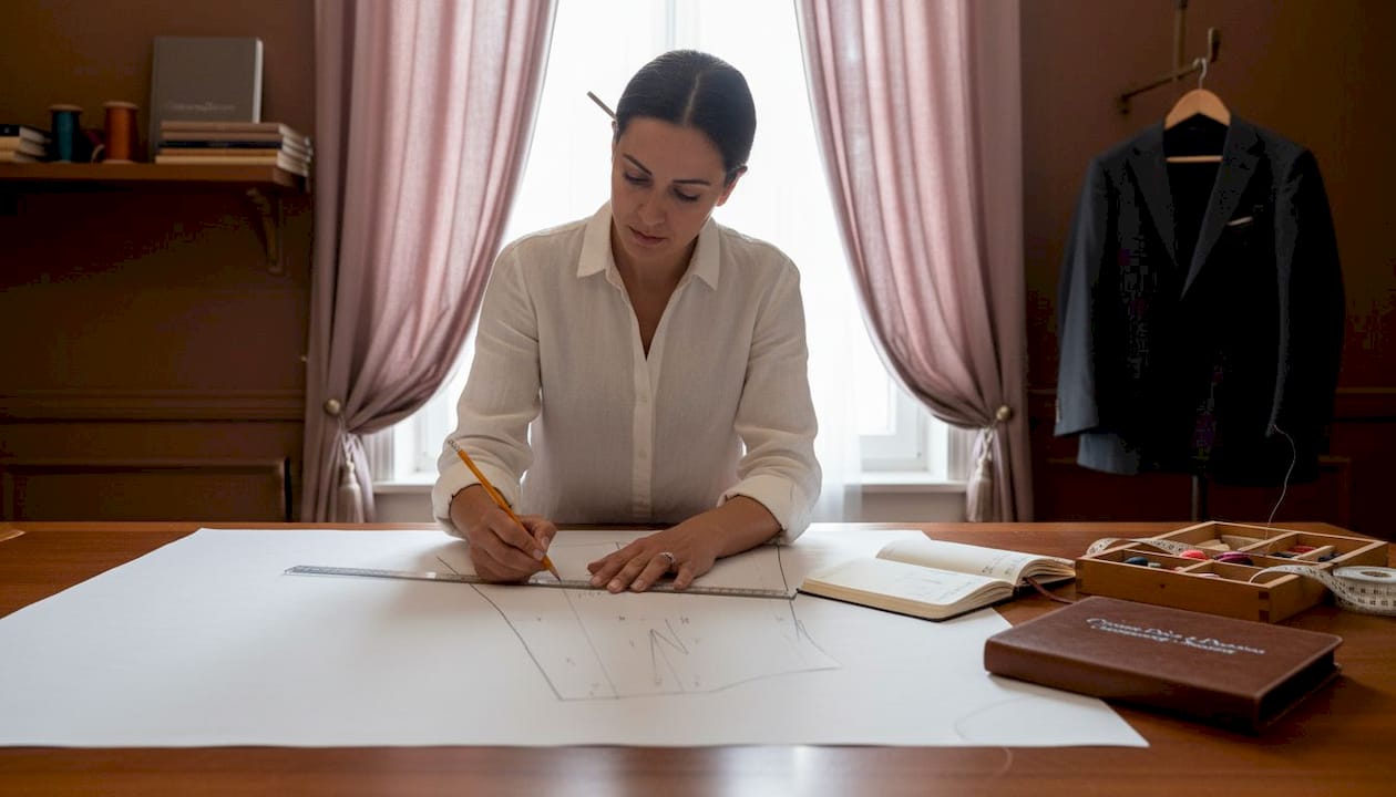Patternmaker drafting bespoke suit pattern
