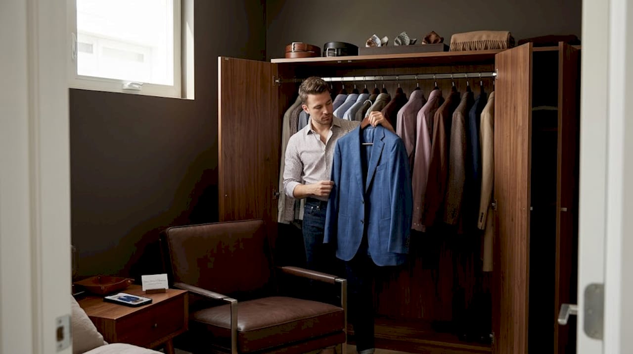 Man selecting outfit combinations from closet