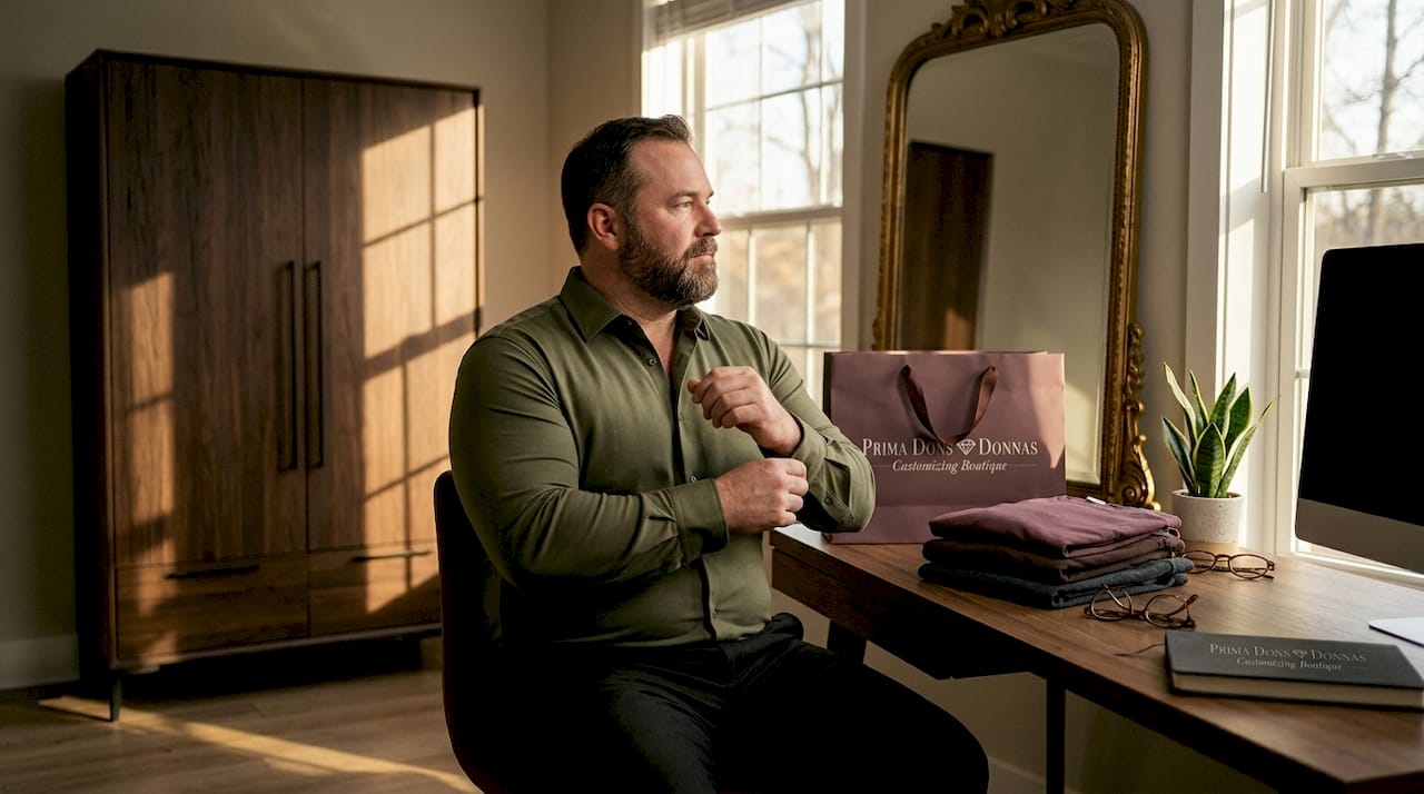 Man trying tailored shirt living room