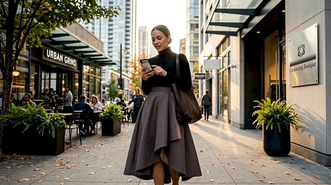Woman in statement skirt outdoors in park