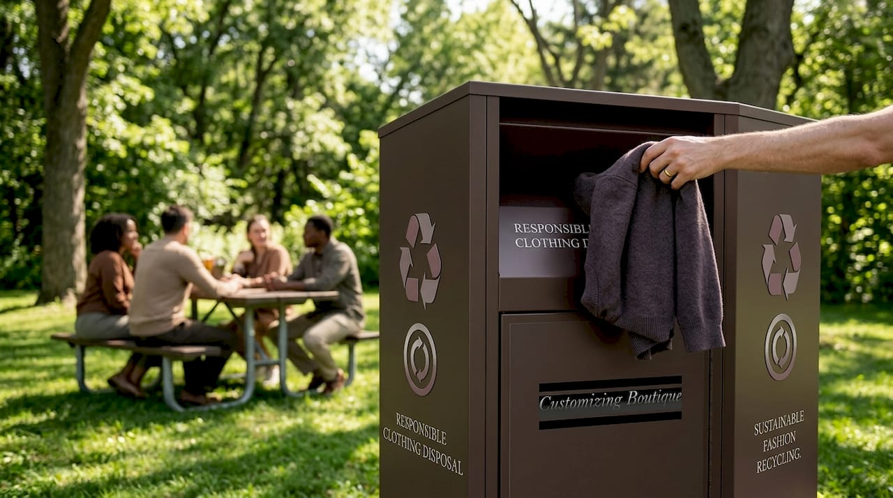 Hand placing clothes in recycling bin for circular fashion