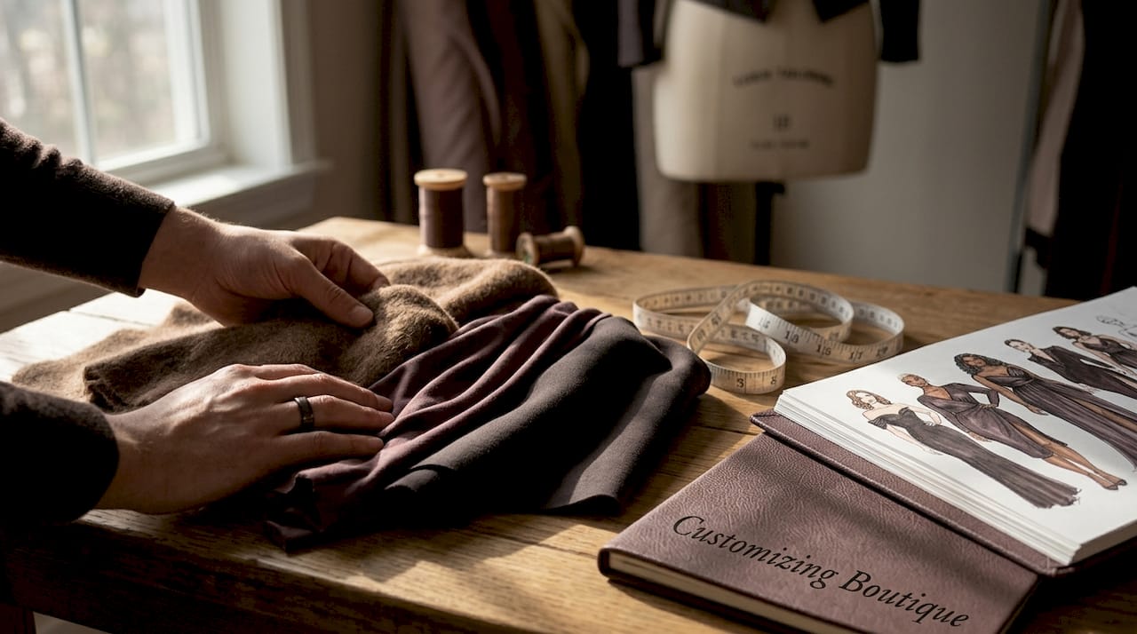 Hands examining seasonless garment fabrics