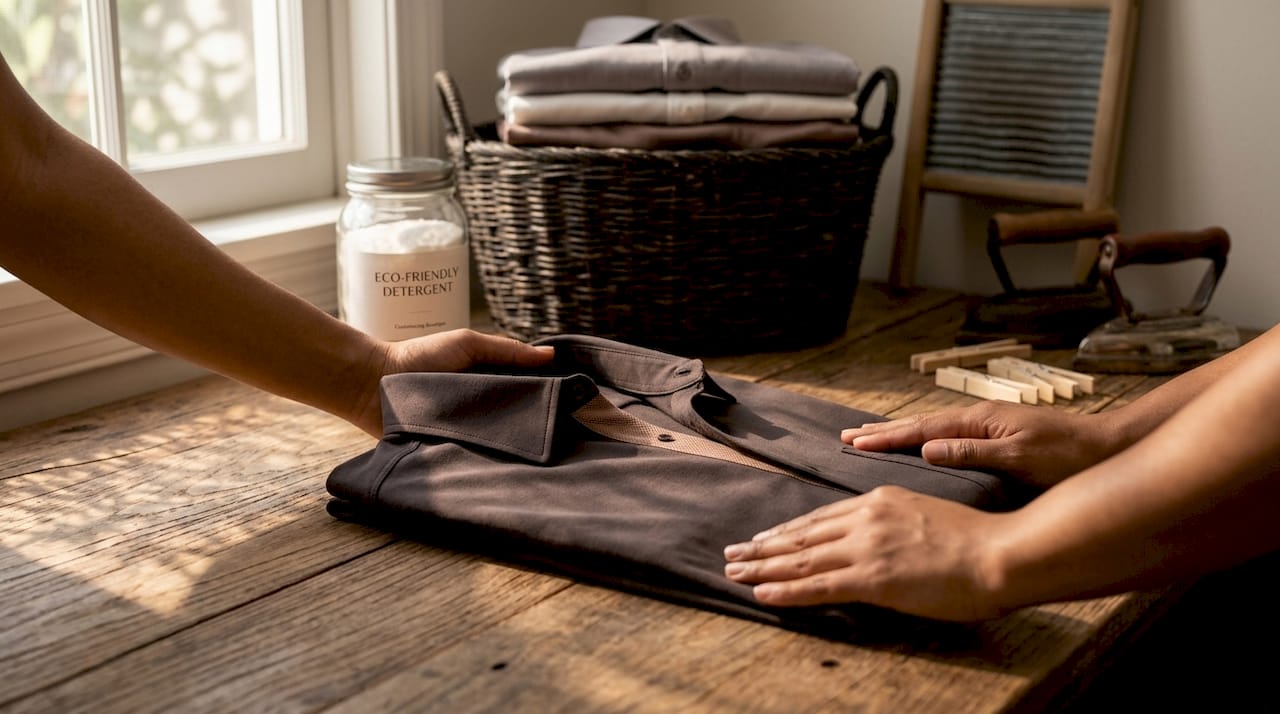 Hands caring for sustainable garment before washing