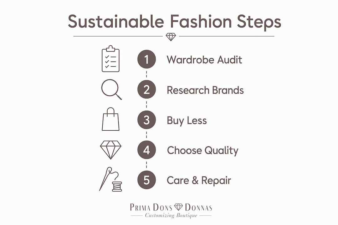 Infographic listing step-by-step sustainable fashion guide