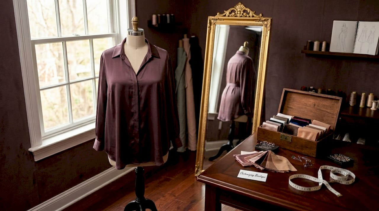 Plus size blouse hanging evenly on dress form