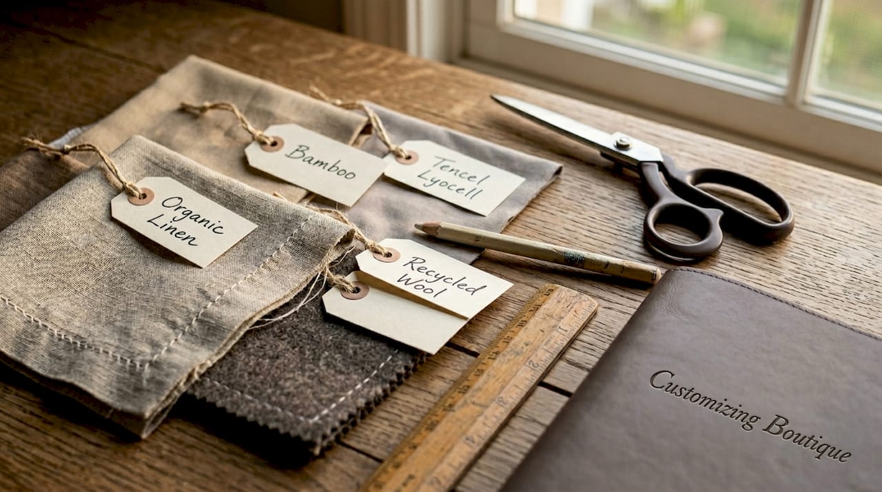 Various sustainable fabric samples on table