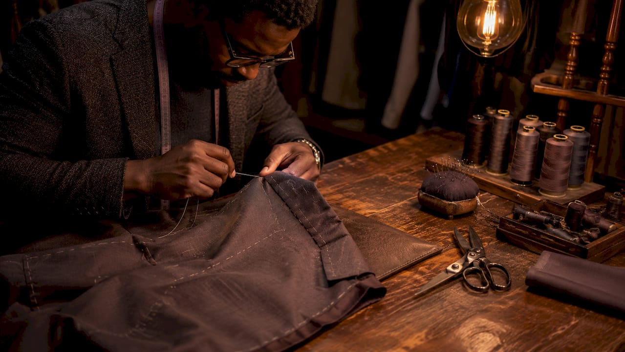 Tailor hand-stitching bespoke jacket details