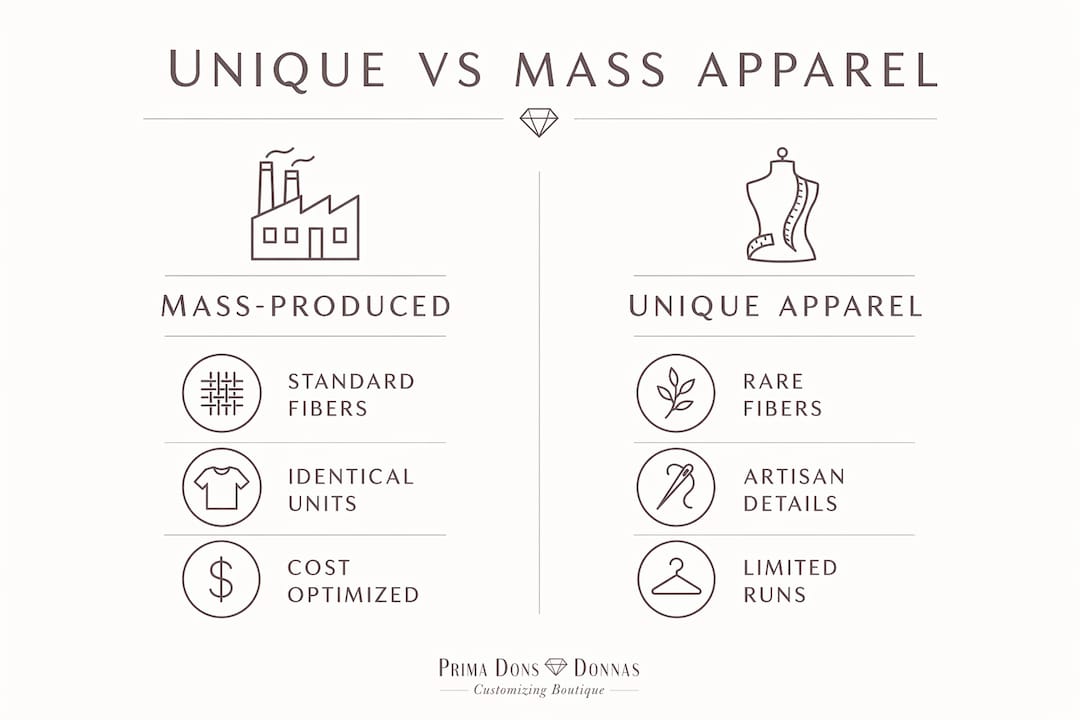 Infographic comparing unique and mass-produced apparel attributes