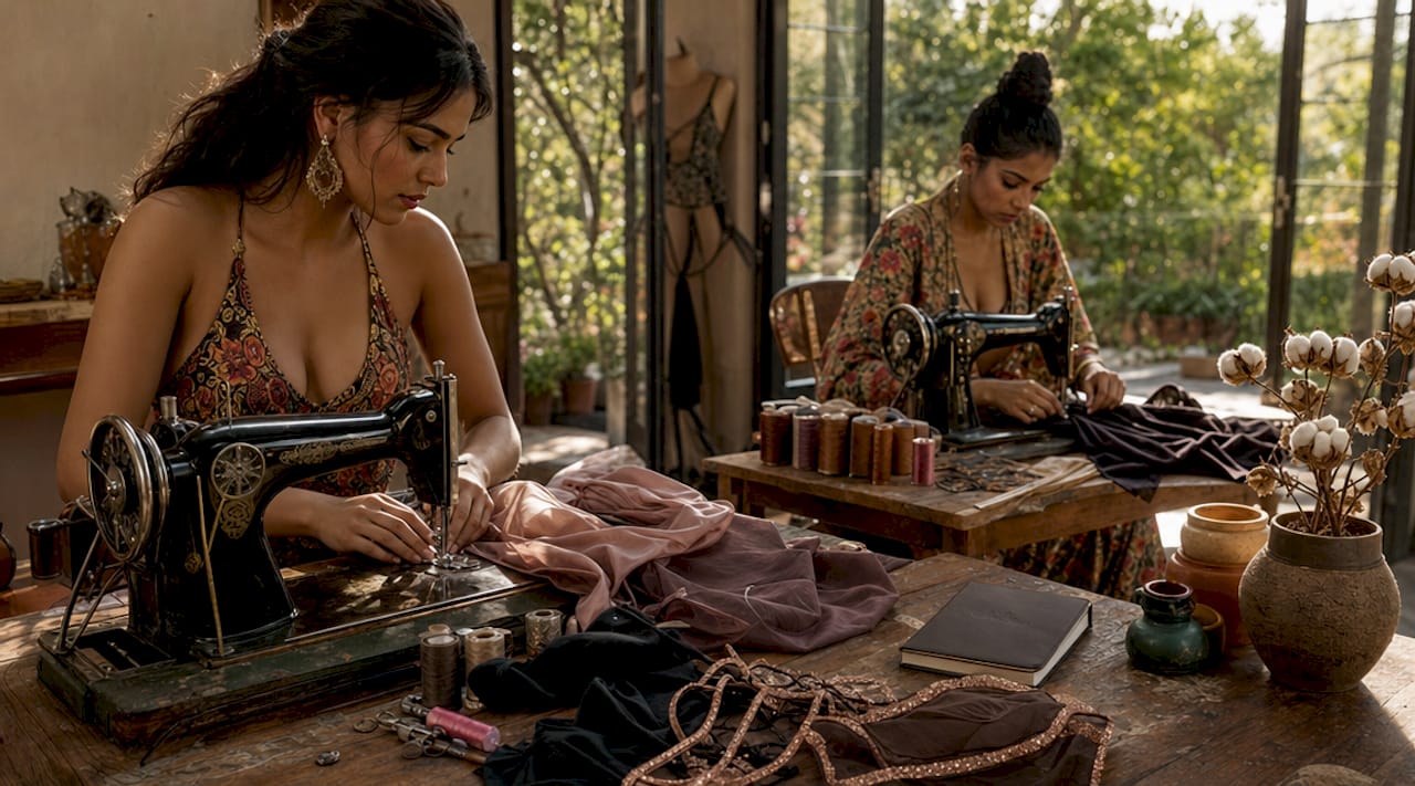 Seamstresses sewing sustainable garments indoors
