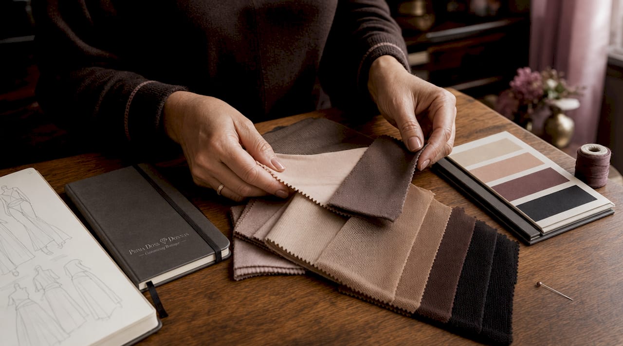 Designer choosing fabrics for maternity clothing