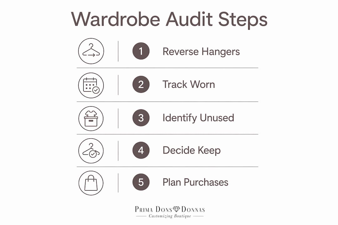 Infographic showing wardrobe audit steps with hanger trick