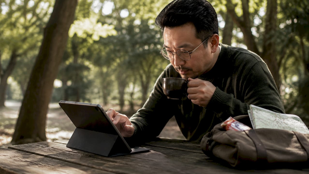 Man interacting with digital sizing tool on tablet