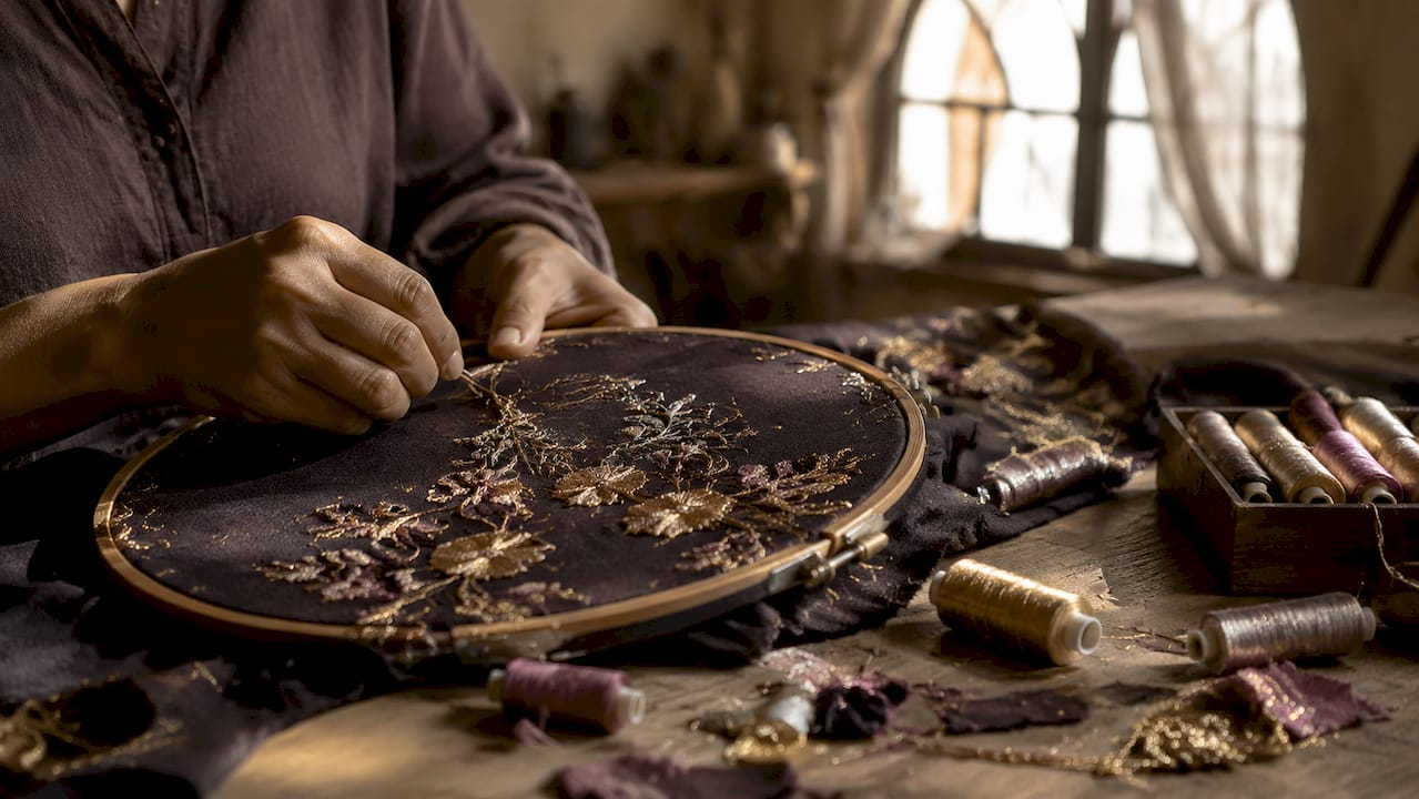 Close-up artisan hands stitching embroidery
