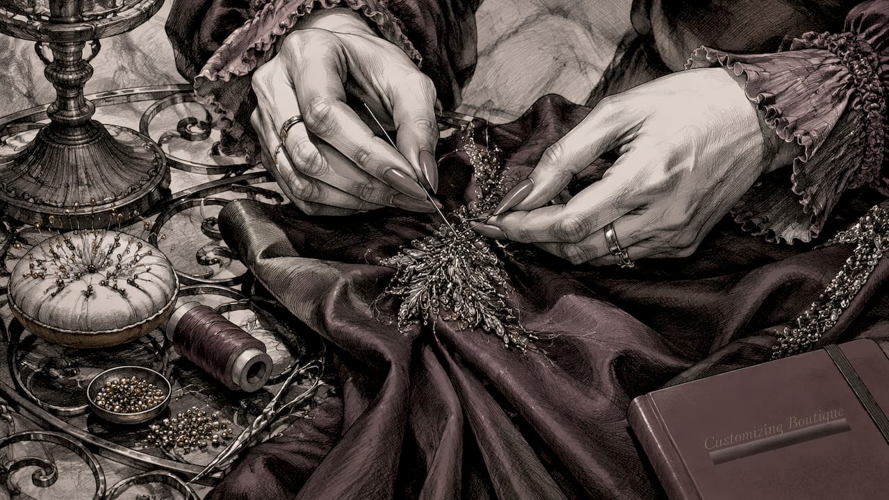 Hands sewing floral applique on satin dress