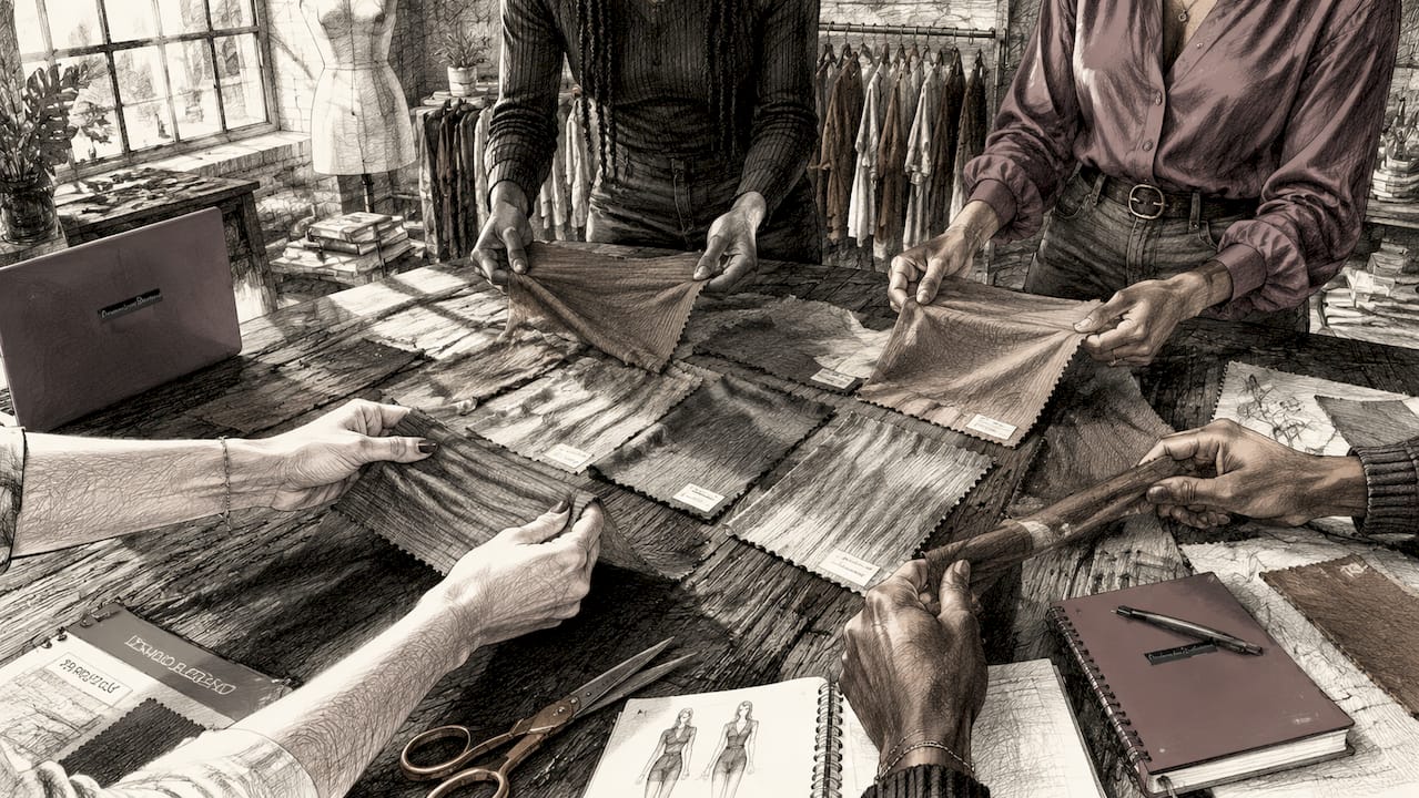 Hands testing stretch bamboo fabric samples