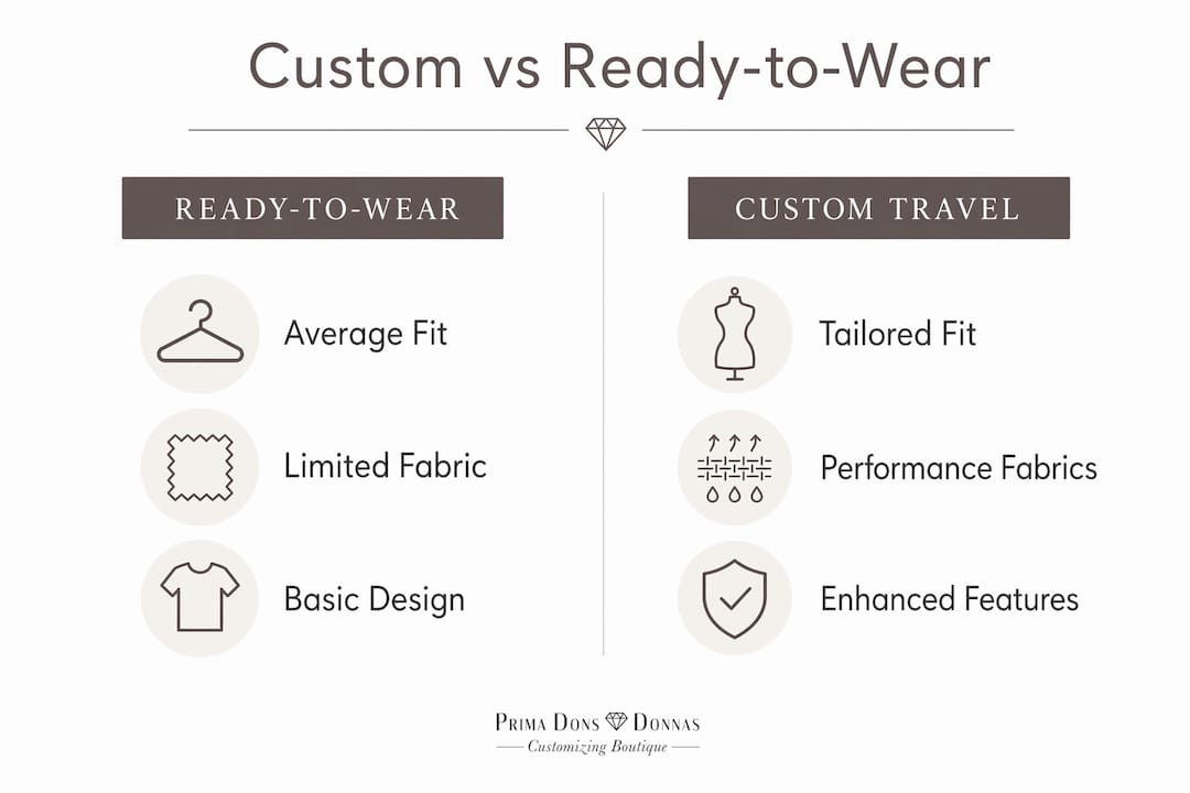 Comparison infographic of custom and ready-to-wear travel clothes
