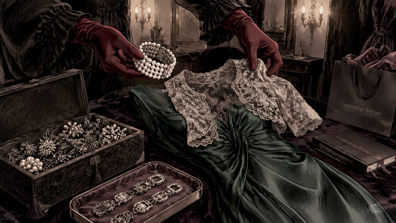 Hands arranging detachable accessories for dress