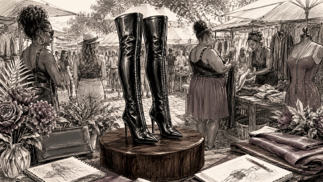 Custom thigh-high boots on charcoal background
