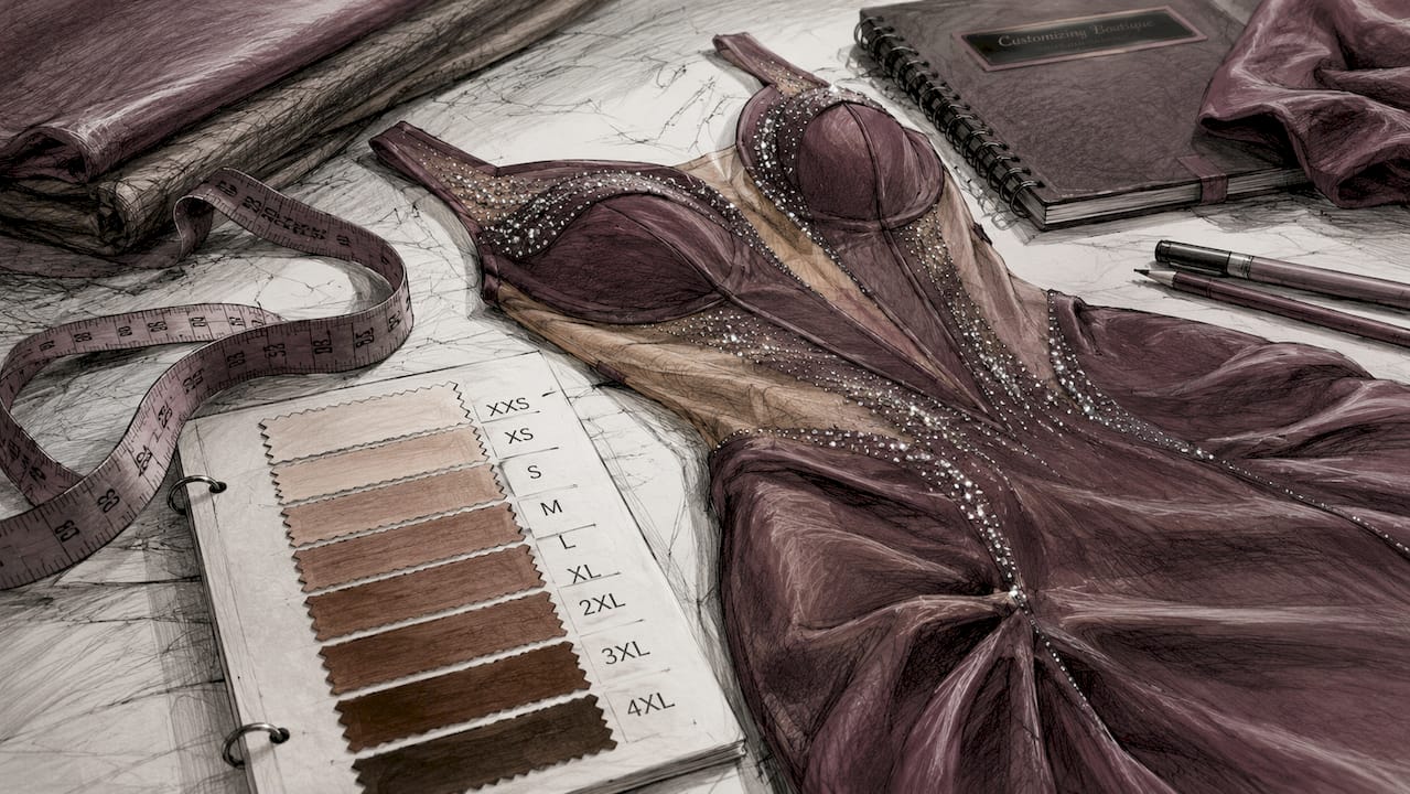 Flat lay of custom mauve dress with tailoring tools