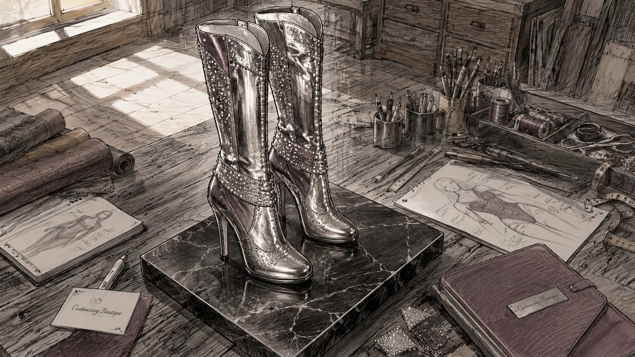 Custom vinyl boots with rhinestones on dark background