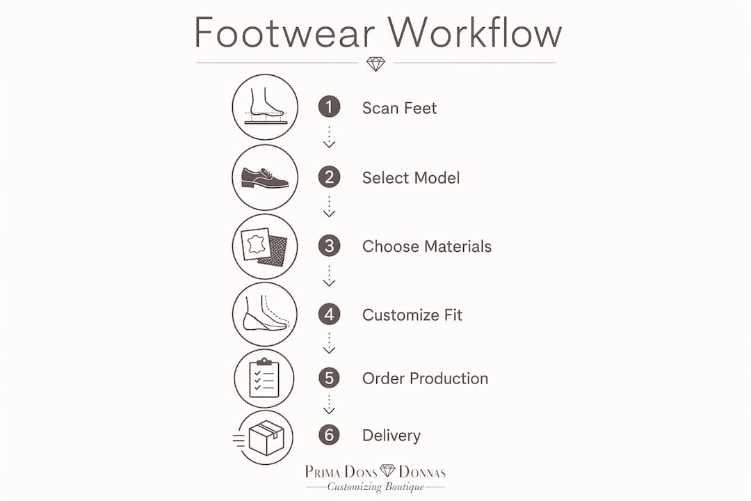 Infographic illustrating footwear workflow steps from scan to delivery