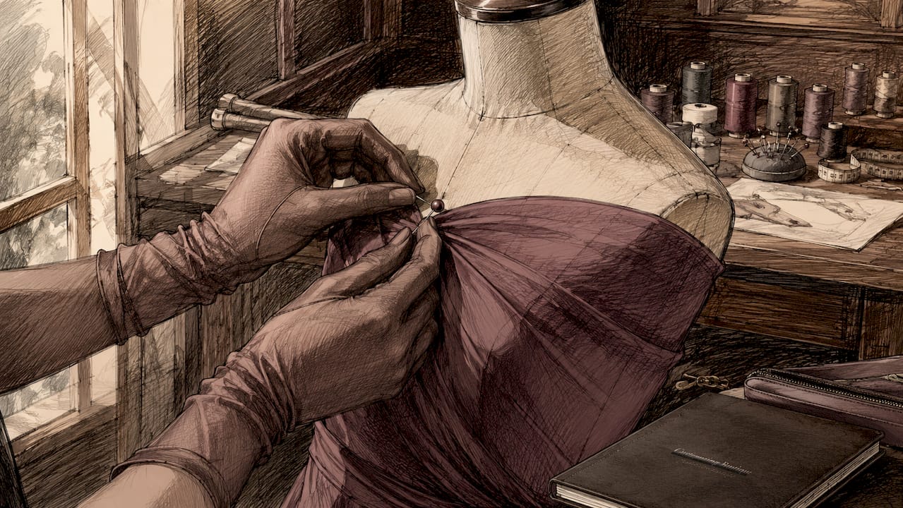 Tailor adjusting fabric on dress form hands close-up