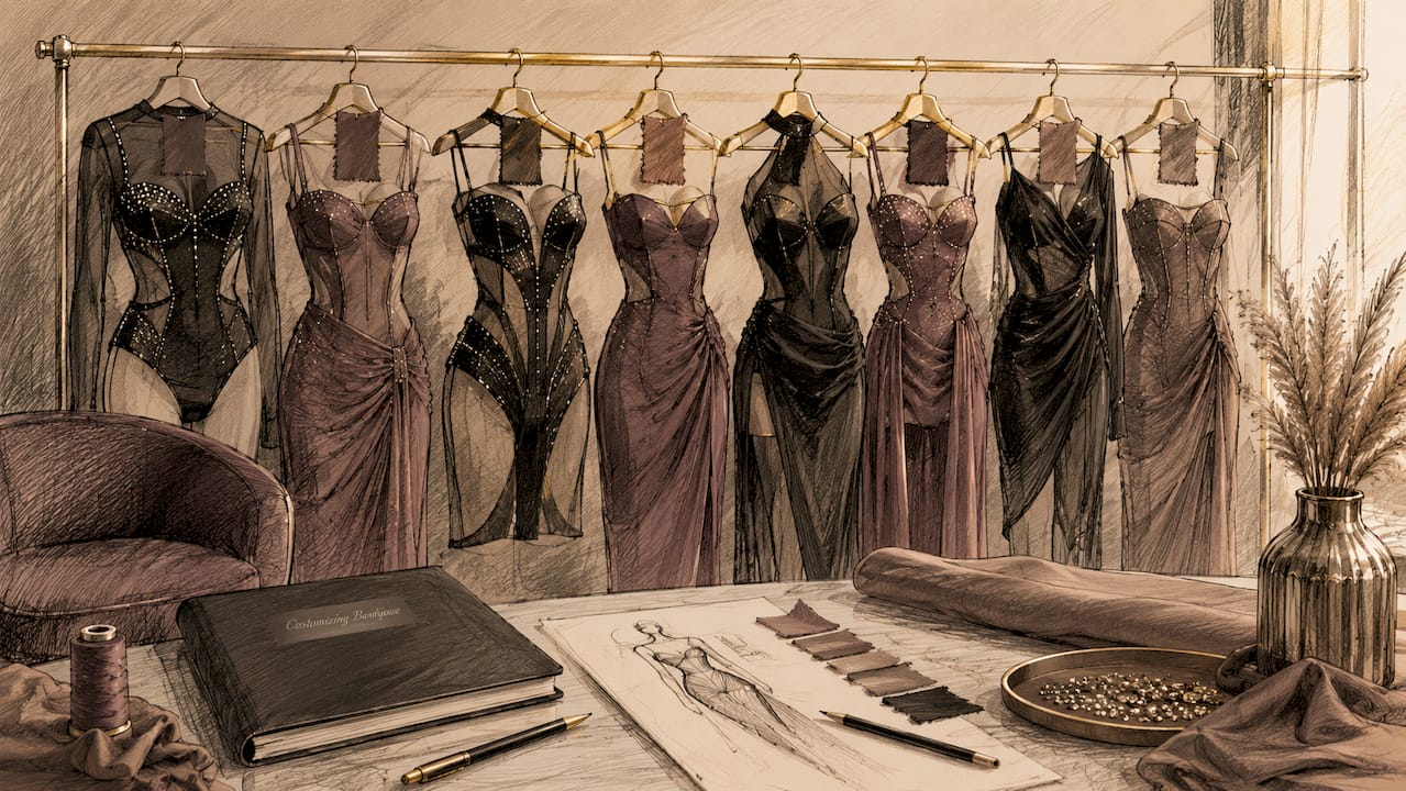 Custom dresses hanging on charcoal background