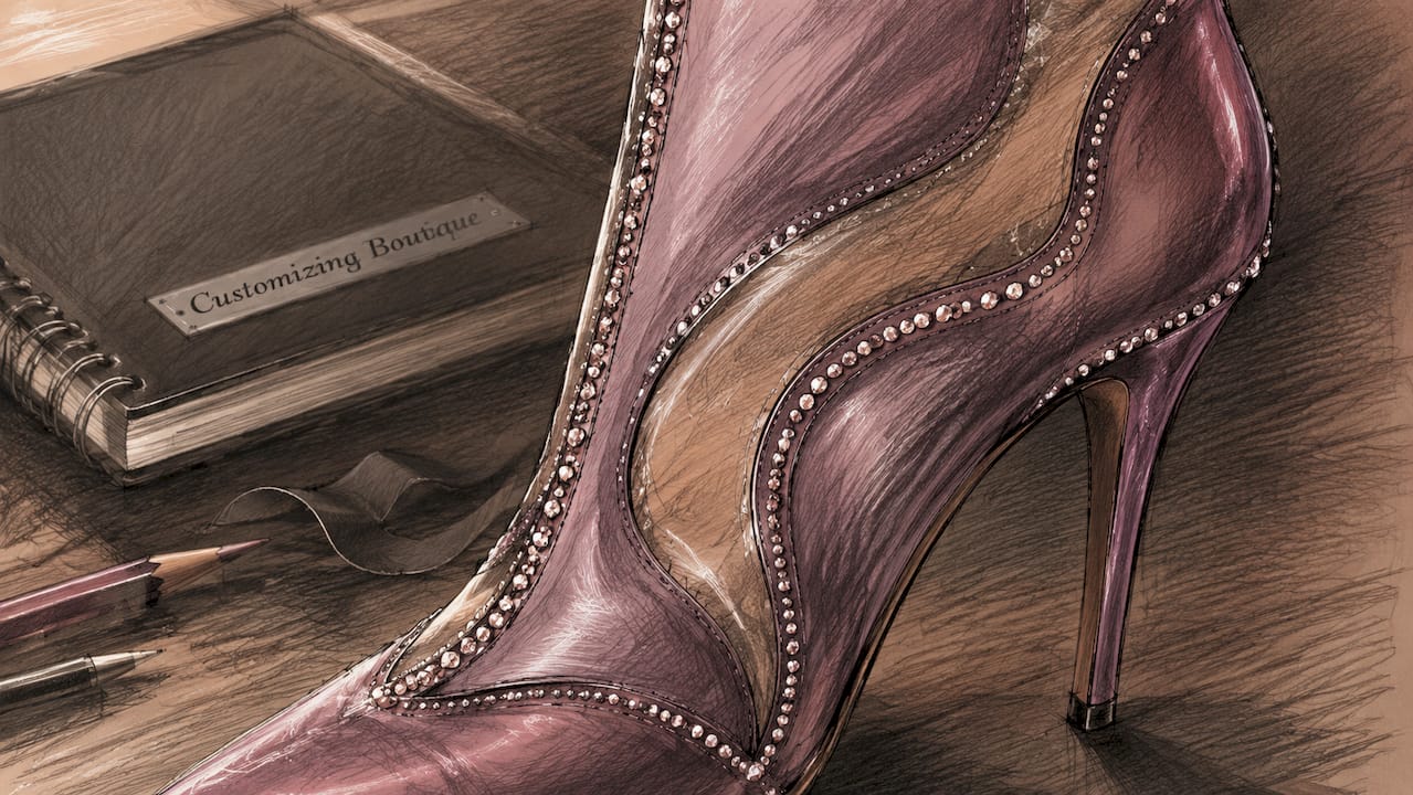 Close-up of custom vinyl boot with rhinestones