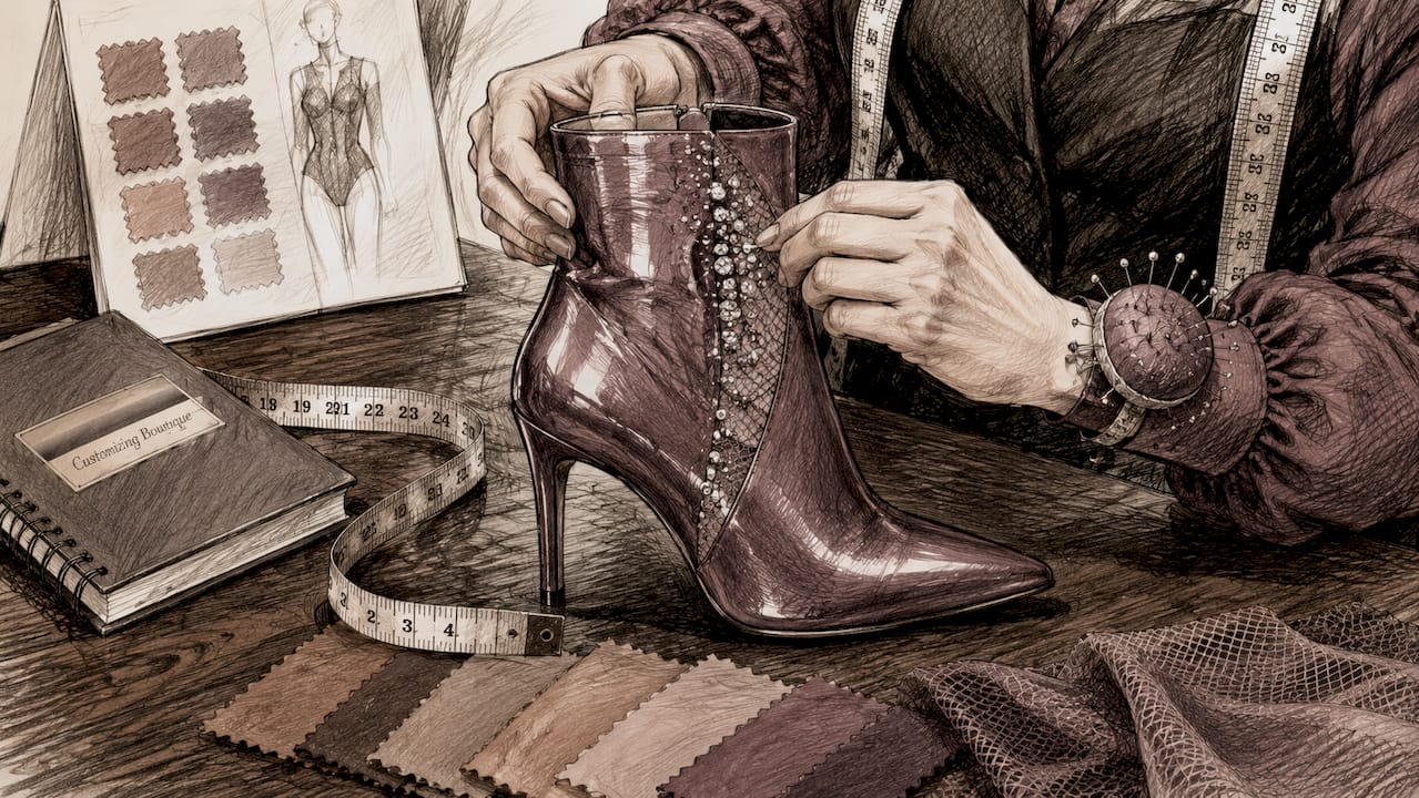 Hands adjusting custom vinyl boot with measuring tape