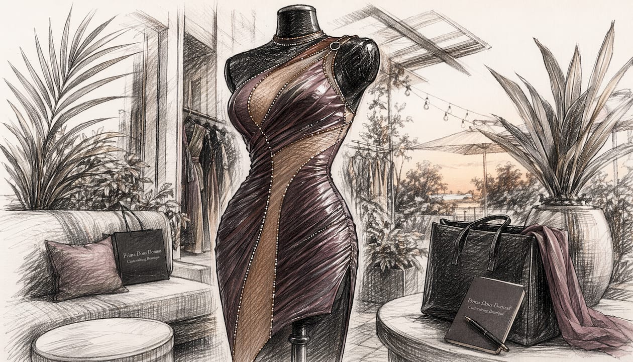 Custom spandex dress on mannequin with vinyl and mesh accents