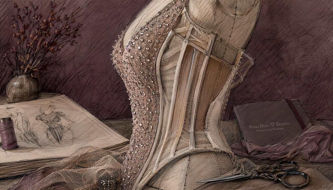 Inside view of couture dress showing layered construction and boning