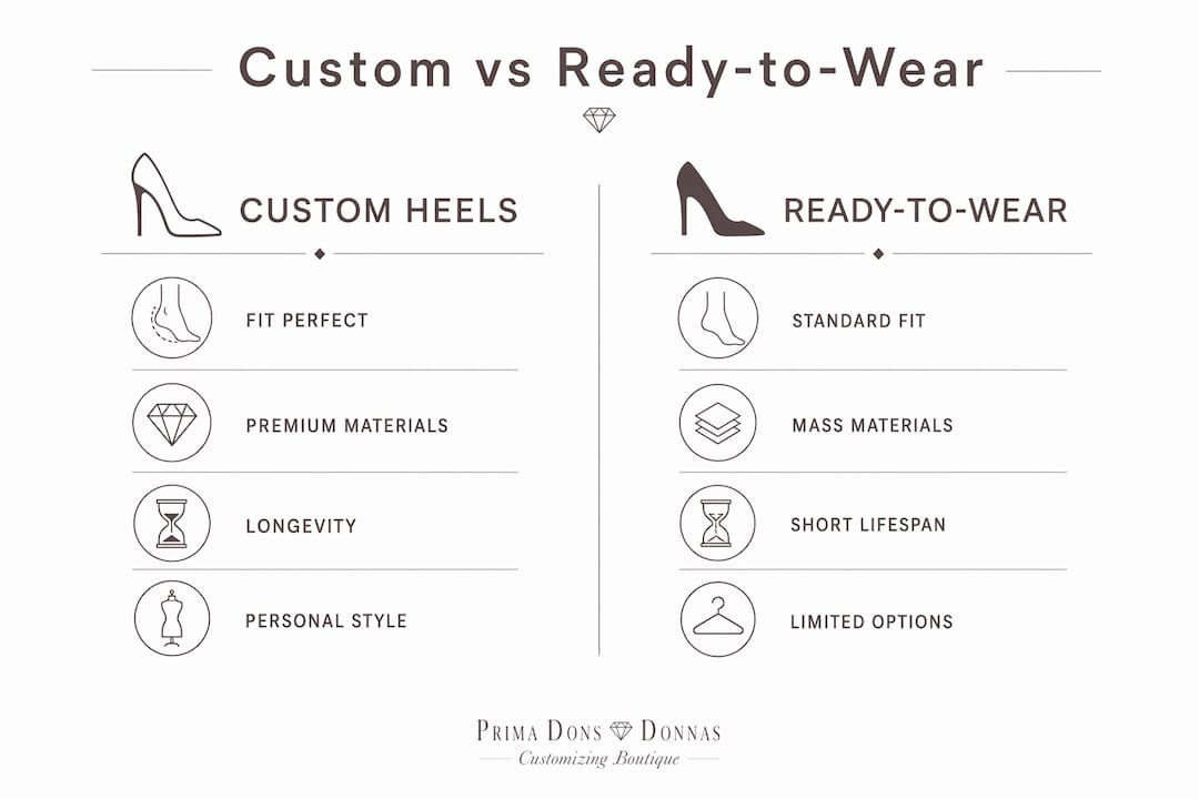 Infographic comparing custom heels and ready-to-wear benefits
