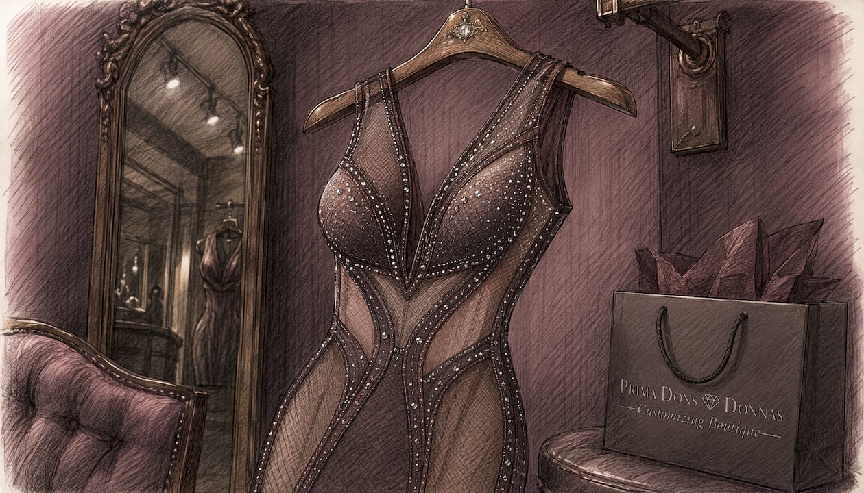 Close-up of custom dress details on mannequin arm