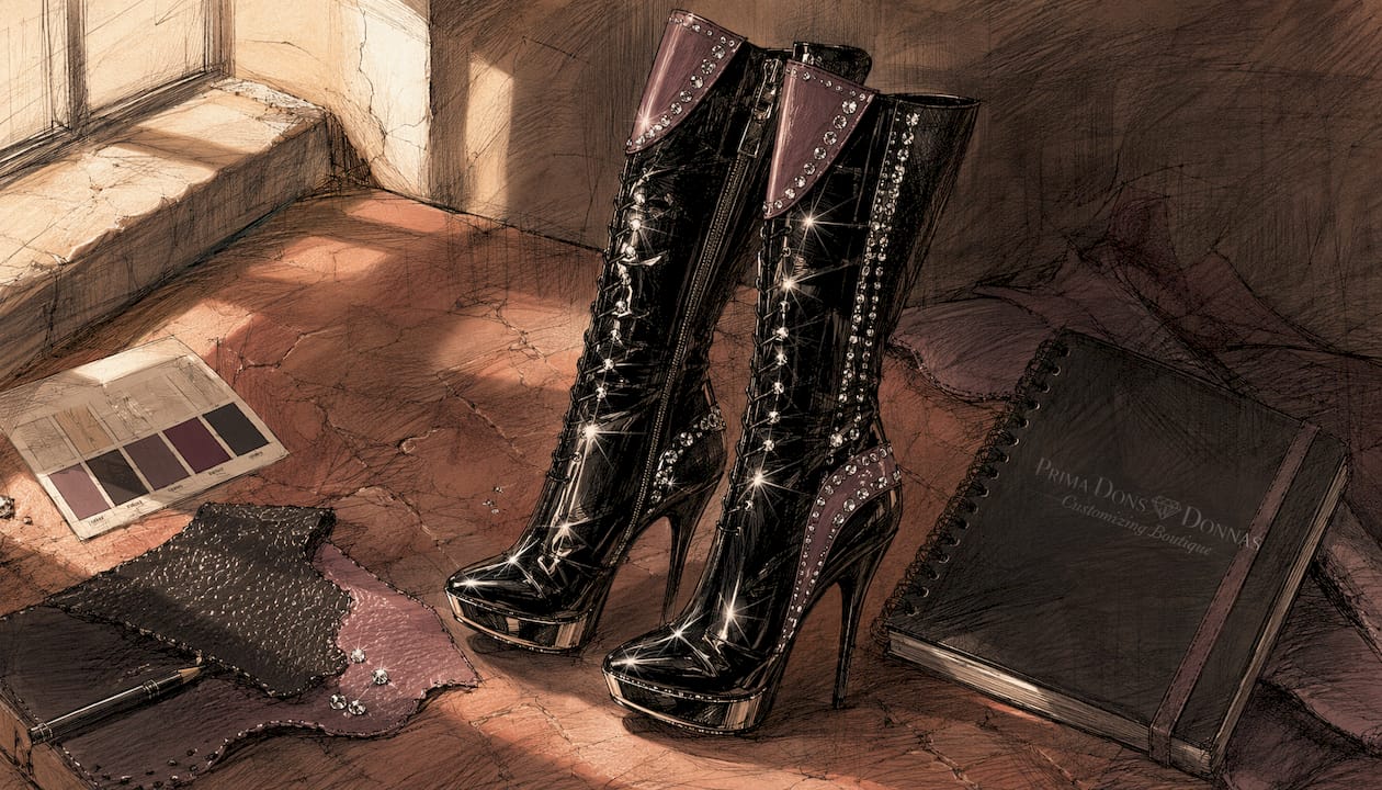 Custom vinyl boots with rhinestones on beige background