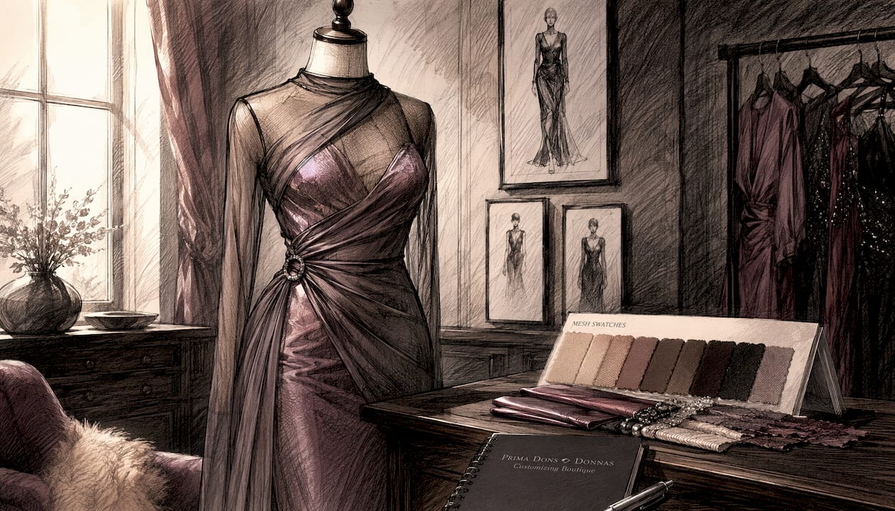 Bespoke dress on dress form with skin-tone mesh
