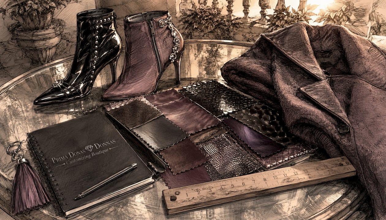 Close-up of luxury custom fashion samples on dark table.