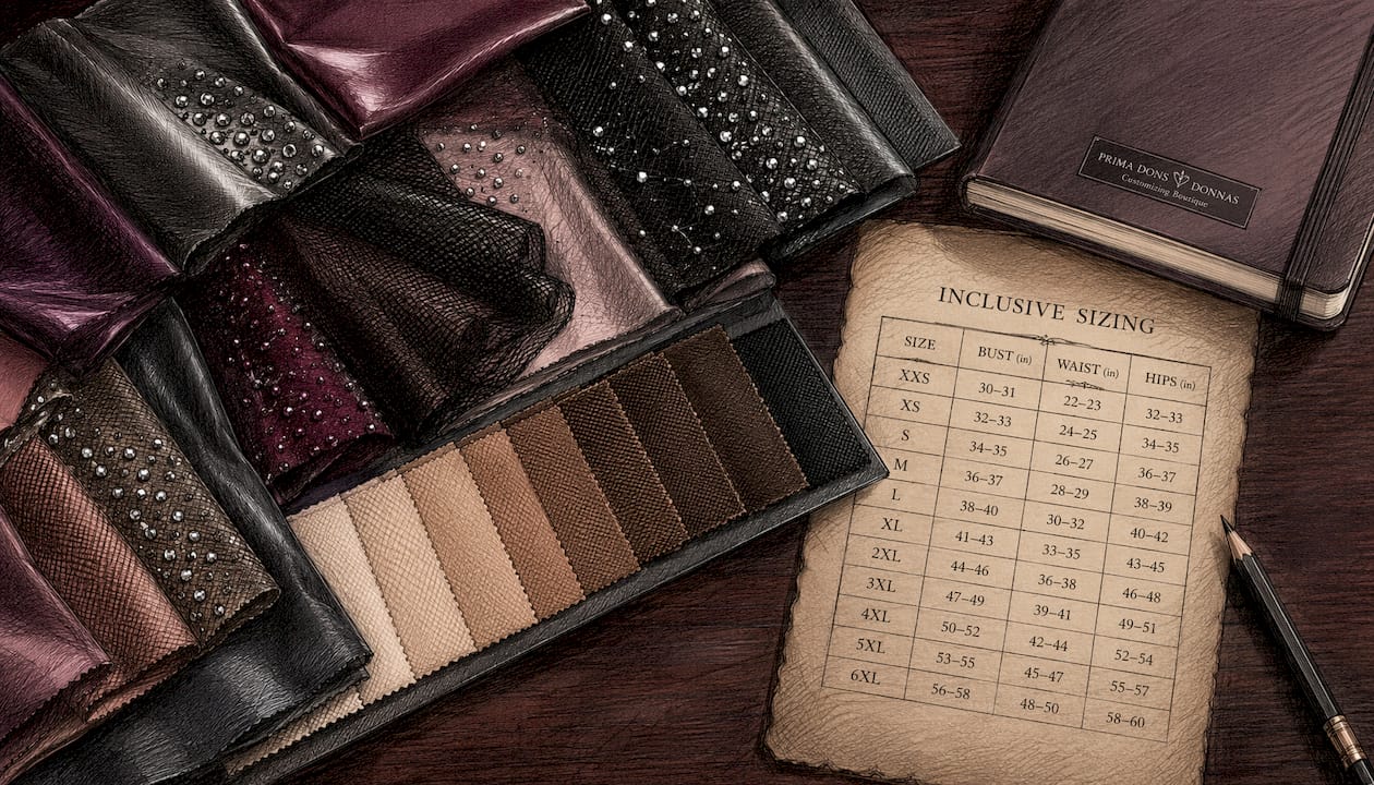 Fabric swatches and inclusive size chart