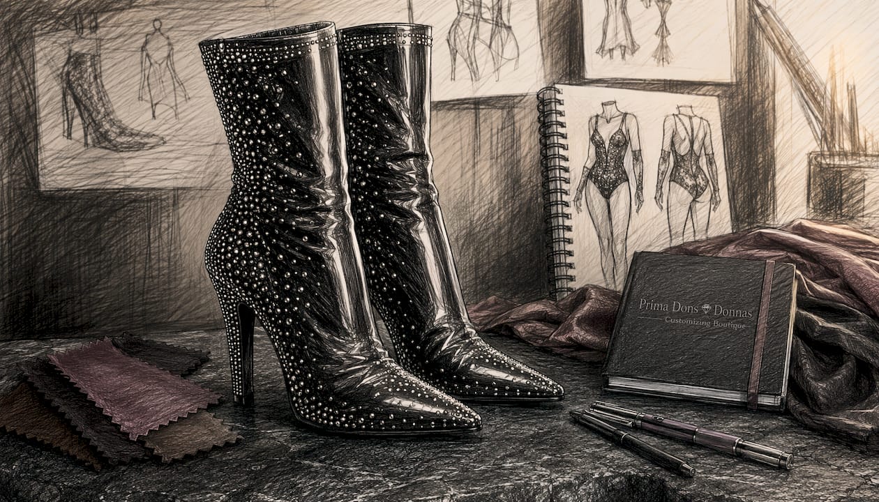 Custom vinyl boots with rhinestones, close-up
