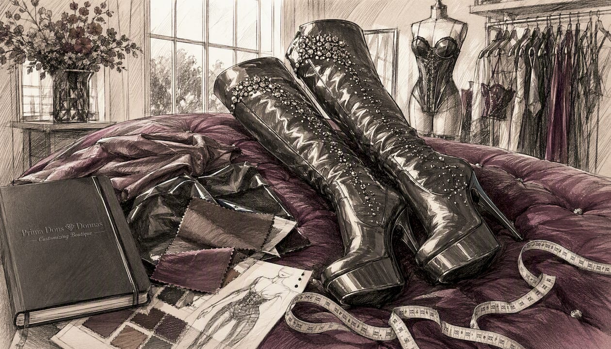 Close-up of custom vinyl boots with rhinestones
