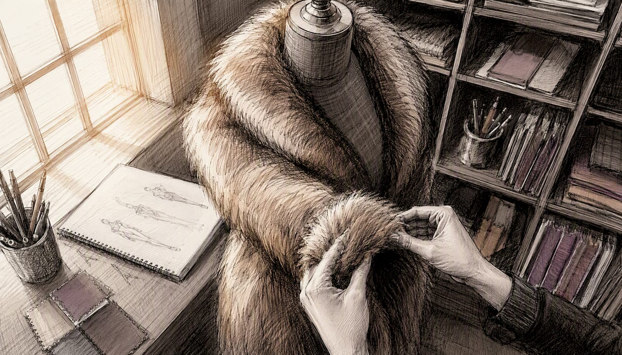 Hands adjusting tailored faux fur coat sleeve